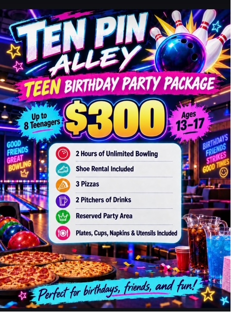 Teen birthday party package at Ten Pin Alley